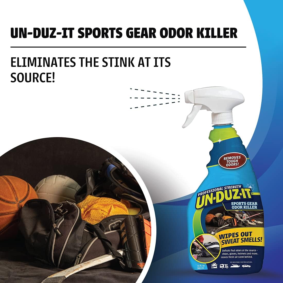 UN-DUZ-IT Sports Gear Odor Killer, Professional Strength Odor Eliminator for Stinky Shoes, Sweaty Hockey, Football, Lacrosse, Stops Smelly Odors on Wet Gear, 32oz, Clear (124640): Industrial & Scientific