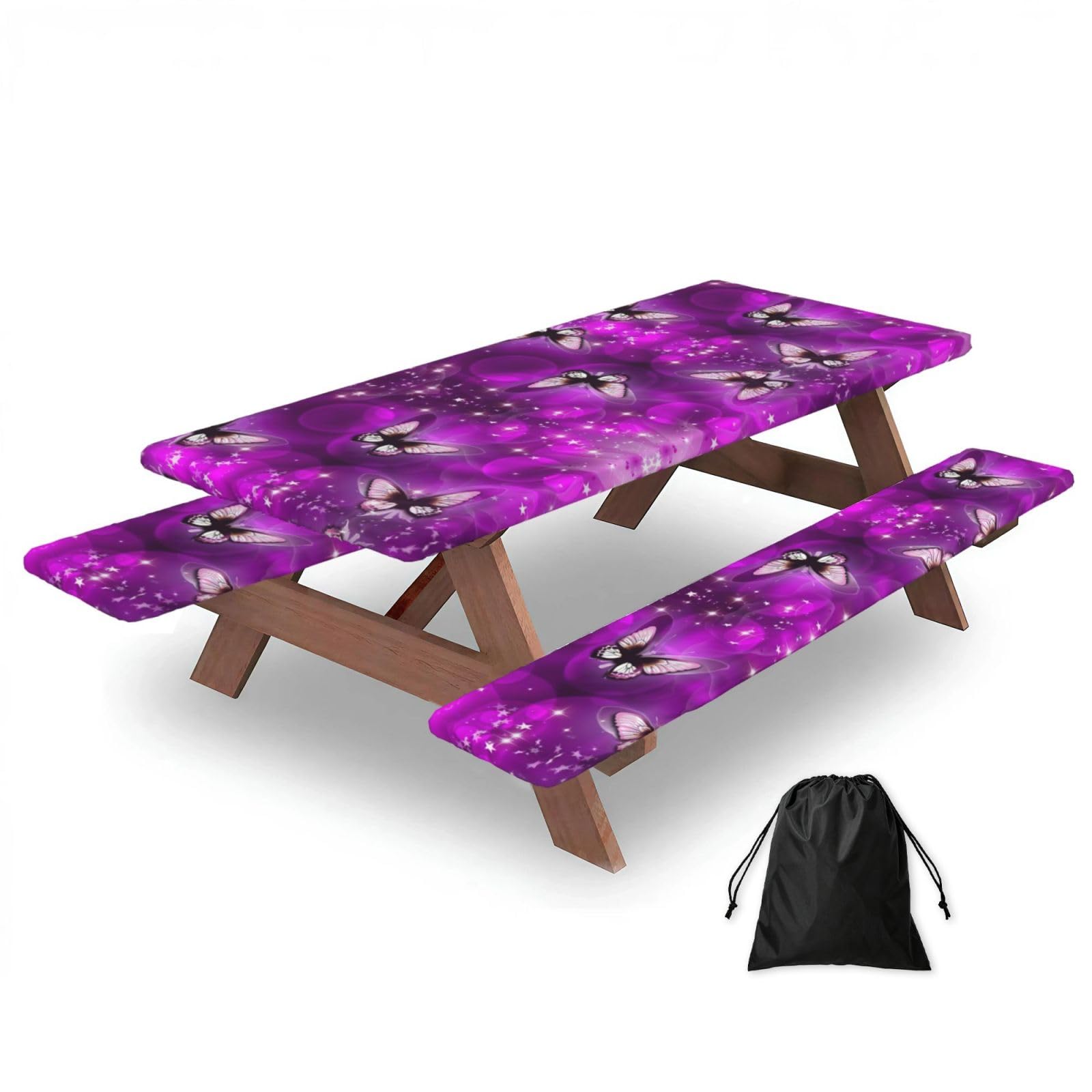 Colourful Butterfly Print 183cm Picnic Table Cover With Bench Covers, Waterproof Elastic Tablecloth Set For Outdoor