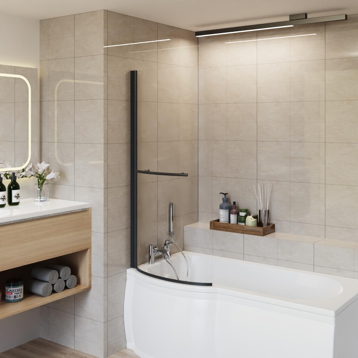 Aquariss 1400x715mm 6mm Curved Toughened Safety Glass Pivot Bath Screen Panel for P-Shaped Bath Black with Towel Rail