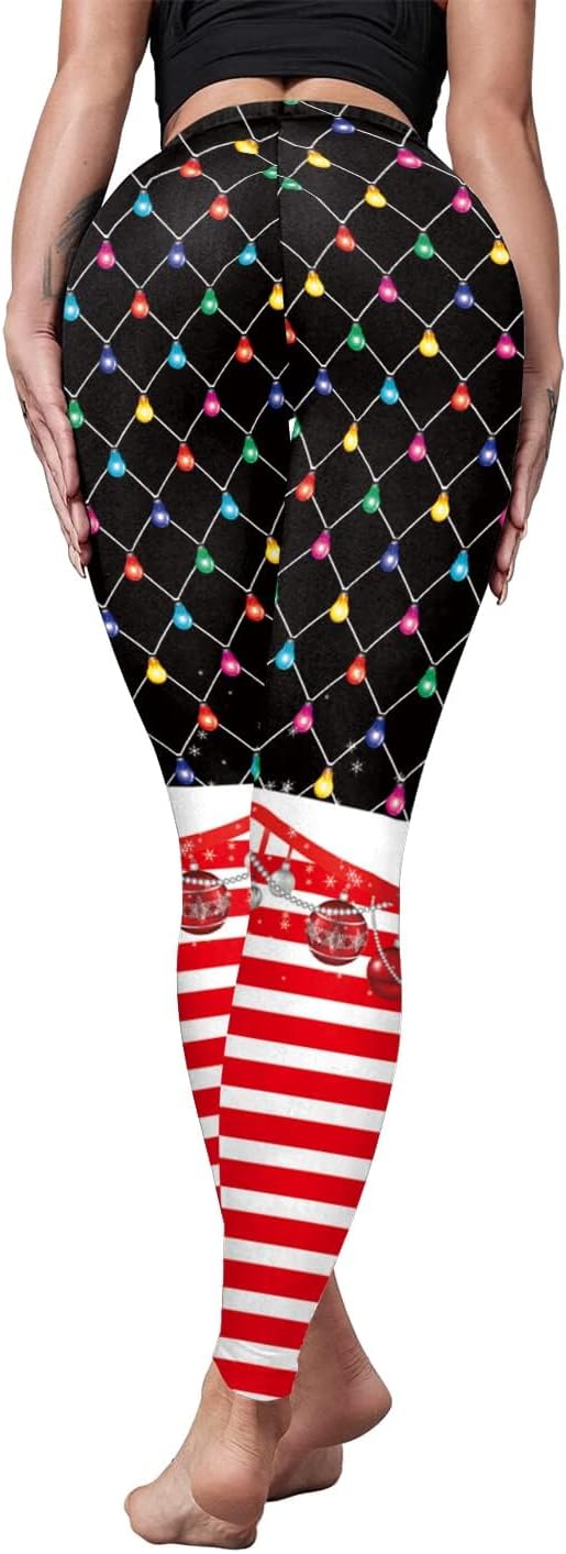 Women's High Waist Christmas Leggings Striped Reindeer Sknowflake Printed Holiday Tights - Image 4