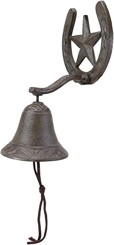 Ebros Gift Campana de hierro fundido rústico vintage con estrella occidental para puerta, pared, cena, patio, campanas al aire libre, estilo