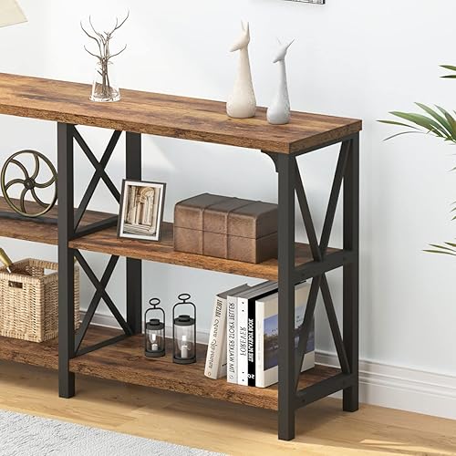 Miniatura 118 de IBF Mesa de entrada de granja, mesa consola larga rústica detrás del sofá, moderna mesa de sofá de madera de metal con estantes de almacenamiento,