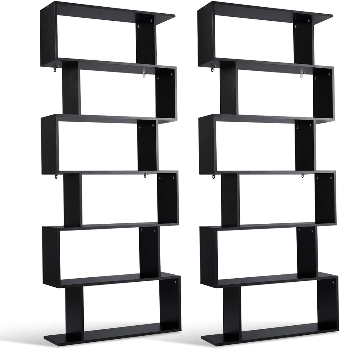 Tangkula 6 Shelf Bookcase, Modern S-Shaped Z-Shelf Style Bookshelf, Multifunctional Wooden Storage Display Stand Shelf for Living Room, Home Office, Bedroom, Bookcase Storage Shelf (2, Black)