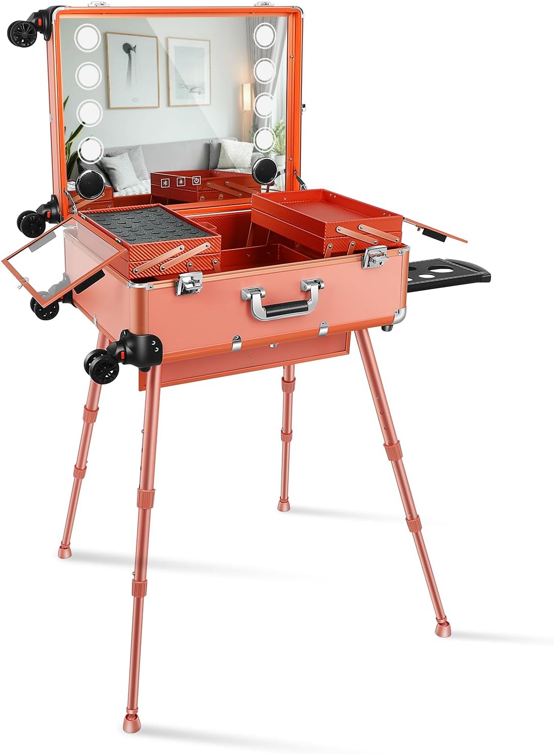 FAHKNS 24" Aluminum Trolley Makeup Train Case 8 LED Light, Make Mirror with Lights Rolling Case, Rolling Makeup Case with Legs, Vanity Suitcase with Lights