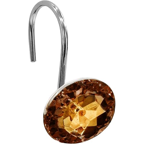 Gibelle Shower Curtain Hooks, Diamond Shaped Shower Curtain Rings Hooks for Bathroom Curtains Rod, Acrylic Decorative Rhinestones Bling Rolling Bathroom Accessories Set of 12, Brown