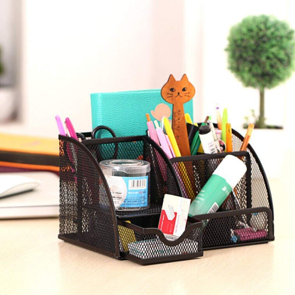SUKHAD 6 Compartment And 1 Drawer Metal Desk Organizer, 8.8 x 5.5 x 5 Inch, Black 4