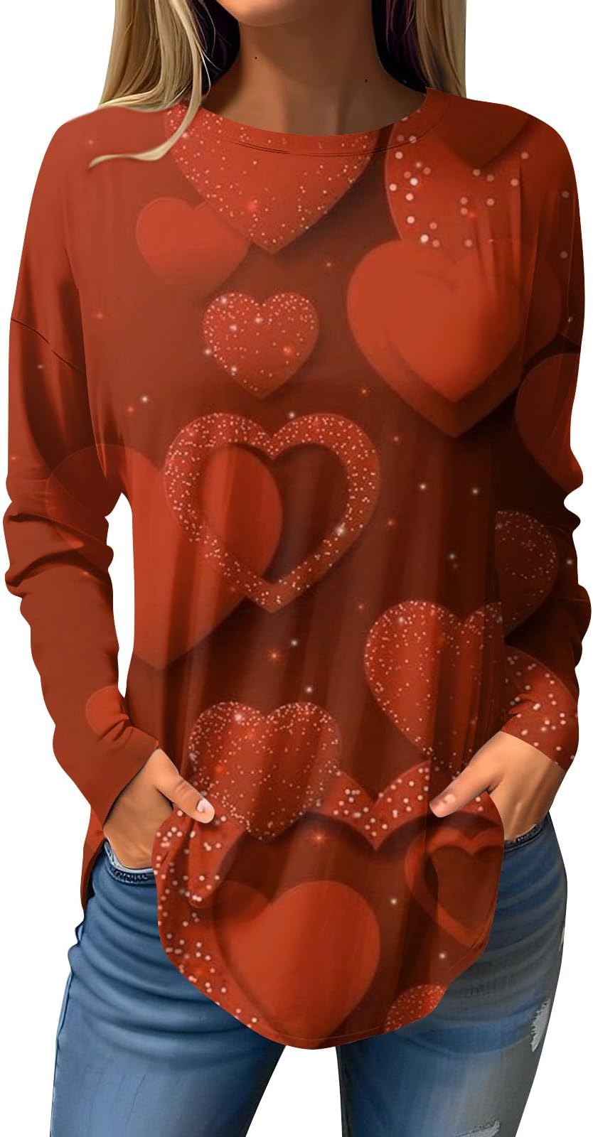 Valentine T Shirts for Women, Love Heart Shirt Valentine's Plus Size Pullover Crewneck Sweatshirts Long Sleeve Tops