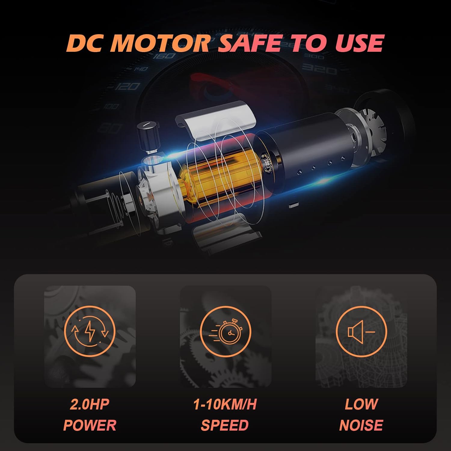 داخلي view of the ADVWIN treadmill motor, highlighting its 2.0 HP power, 1-10 km/h speed range, and low noise operation.