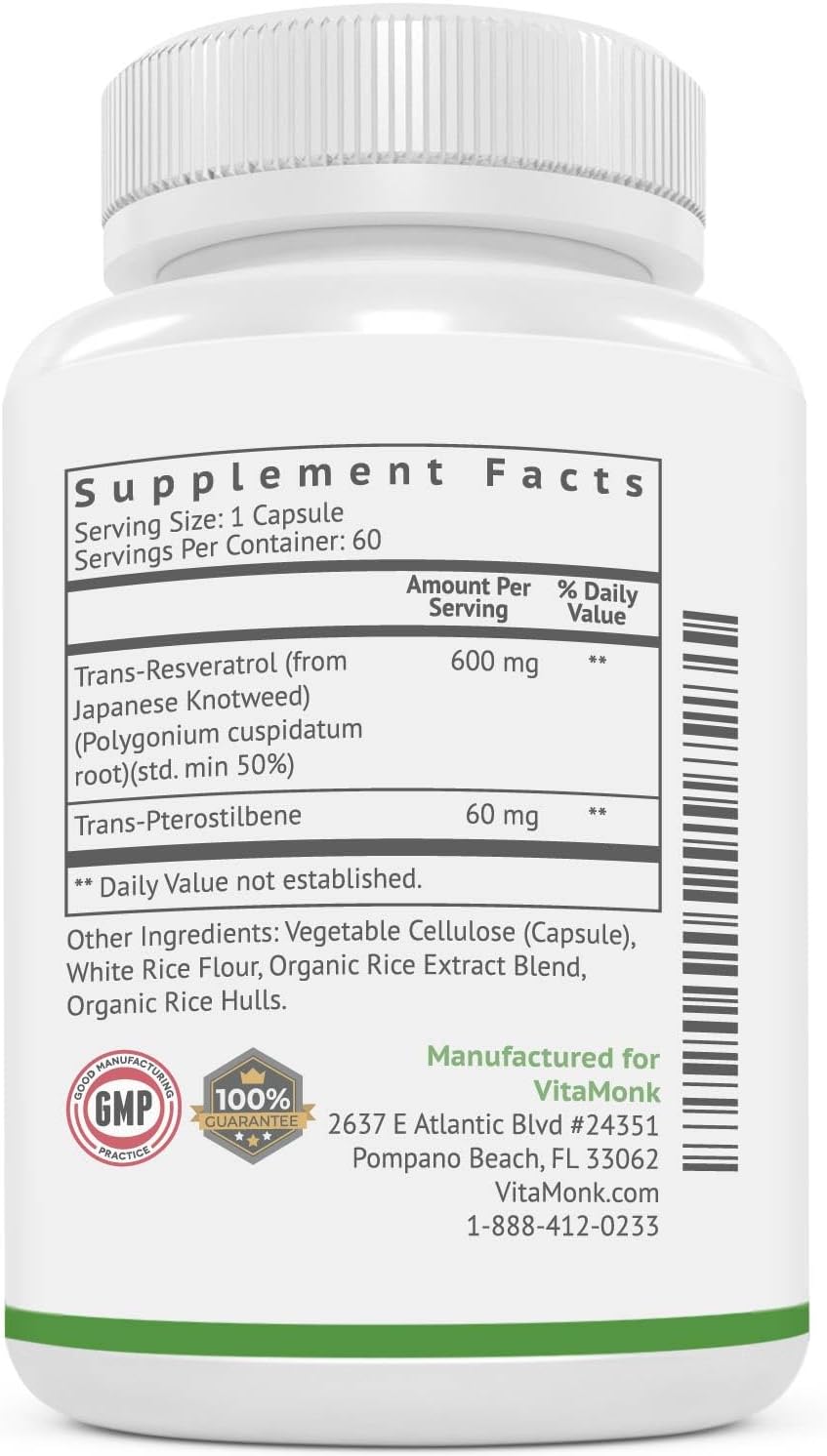 VitaMonk Resveratrol with Pterostilbene 600mg/60mg - No Artificial Fillers Healthy Aging and Longevity Supplement - 60 Capsules - Precise Formula with Trans Pterostilbene Resveratrol Supplements