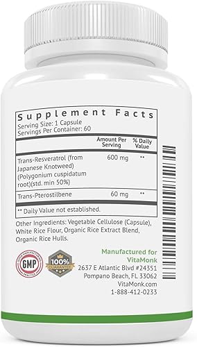 Miniatura 7 de VitaMonk Resveratrol con pterostilbeno 600 mg/60 mg - Sin rellenos artificiales Suplemento de envejecimiento saludable y longevidad - 60 cápsulas