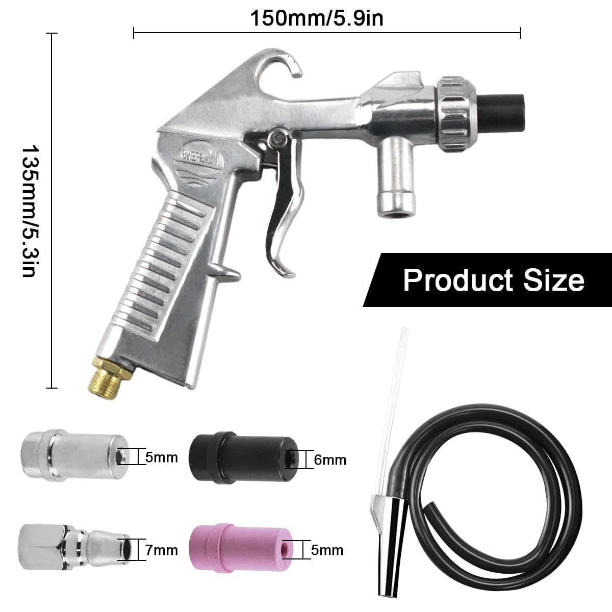 Pistola Sabbiatrice per Compressore, Sandblaster Set Portatile, con Tubo in Gomma (1 m), ugello in metallo e Ugelli in Ceramica un Raccordo ad aria, per Lucidatura Superficiale