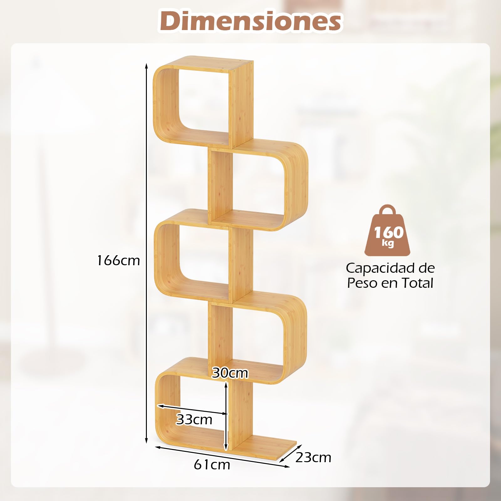 COSTWAY Libreria en Forma de S, Estantería de Bambú con 5 Cubos Abiertos, Geométrico para Esquina, Estanteria para Libros Decorativo Salon Dormitorio Oficina, 61 x 23 x 166 cm, Natural