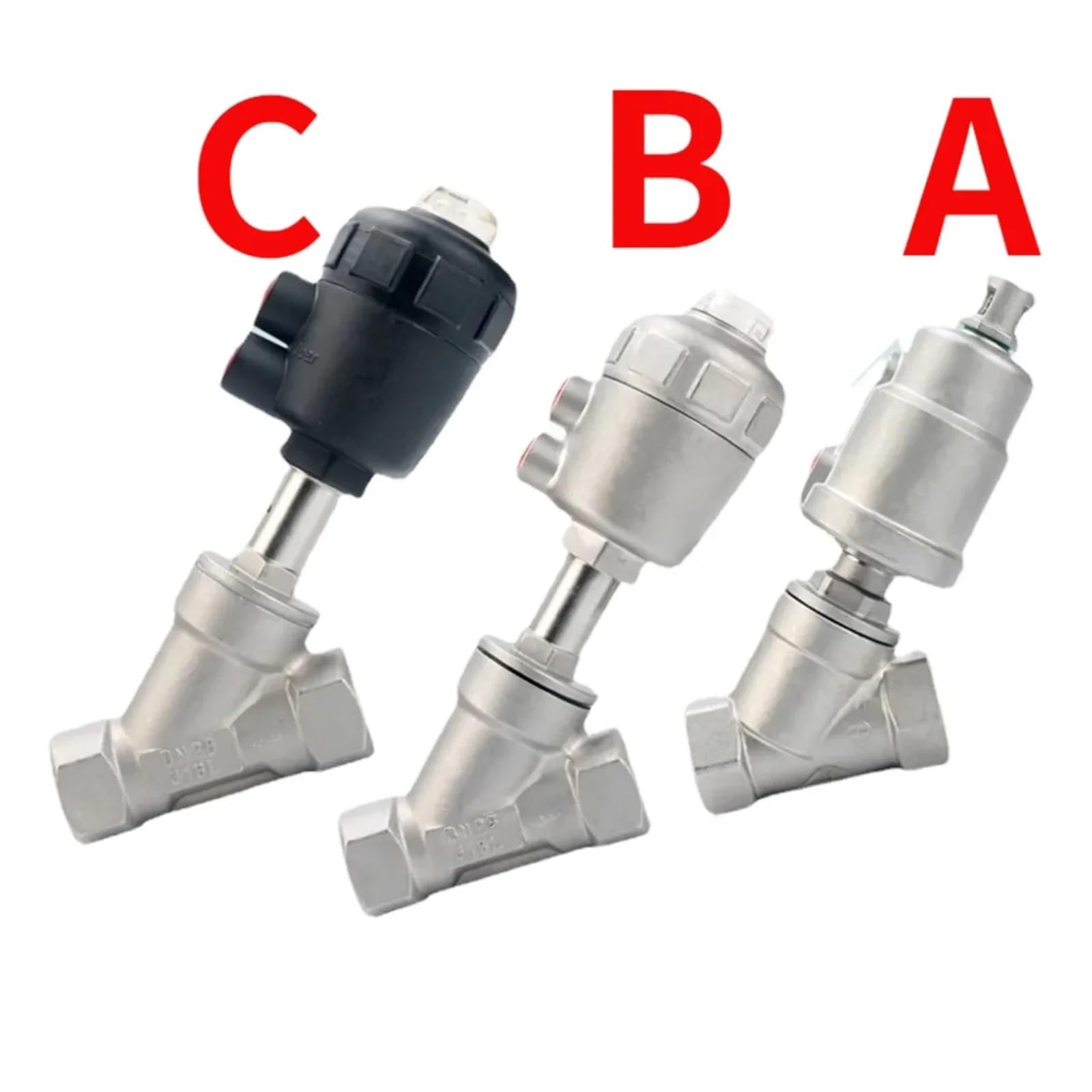 Vanne à siège incliné Commande pneumatique en Acier Inoxydable 304/316, Forme de Y, Femelle, BS/P/TSS304 1/4", 3/8", 1/2", 3/4", 1" -2"(-B-Double Acting)