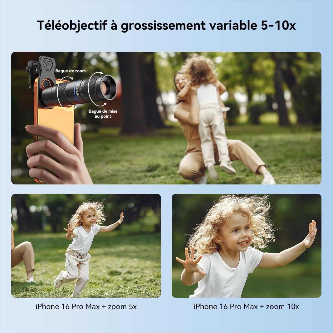 APEXEL Téléobjectif Compact Zoom 5x-10x pour Téléphones Portables avec Clip Universel, Objectif Téléobjectif Multicouches Adapté aux iPhone 17/16/15..., Samsung, Pixel et Autres Smartphones,Noir