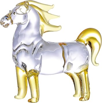Handcrafted Glass Horse Figurine, Yellow | Clear and Yellow Crystal, Decorative Statue