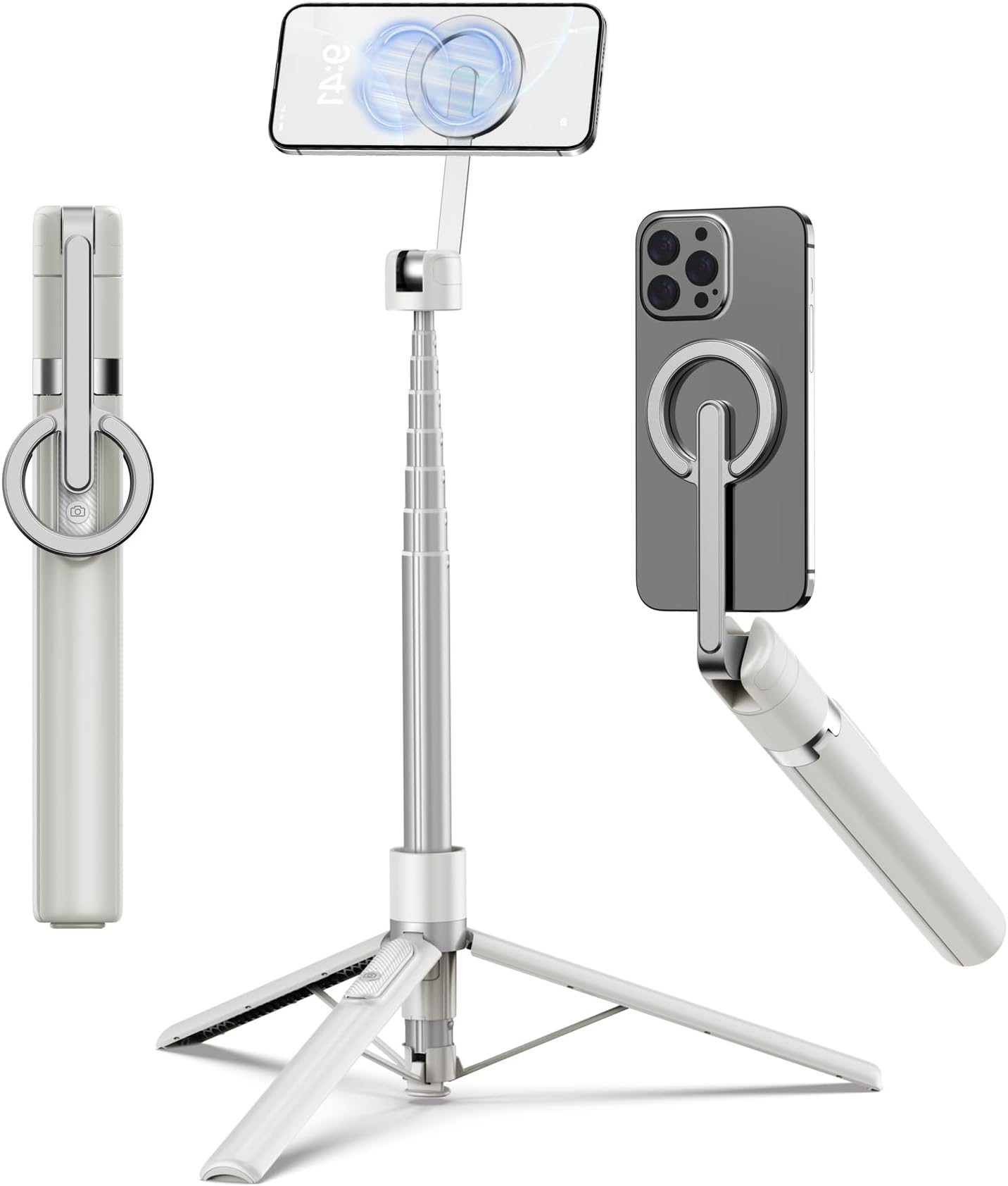 TONEOF 173cm/68“ Magnetic Selfie Stick Tripod, Aluminum Magnetic Phone Holder for Magsafe, 360° Rotatable Travel Phone Tripod Stand with Metal Ring&Rechargeable Remote for iPhone/Android-Beige Grey