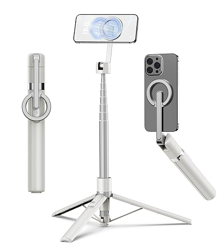 TONEOF 68" Magnetic Selfie Stick Tripod with Aluminum Strong Magnetic Holder for Magsafe, 360° Rotatable Travel Phone Tripod Stand with Metal Ring & Rechargeable Remote for iPhone/Android(Beige Gray) - 68“(Magnetic) - Beige Gray