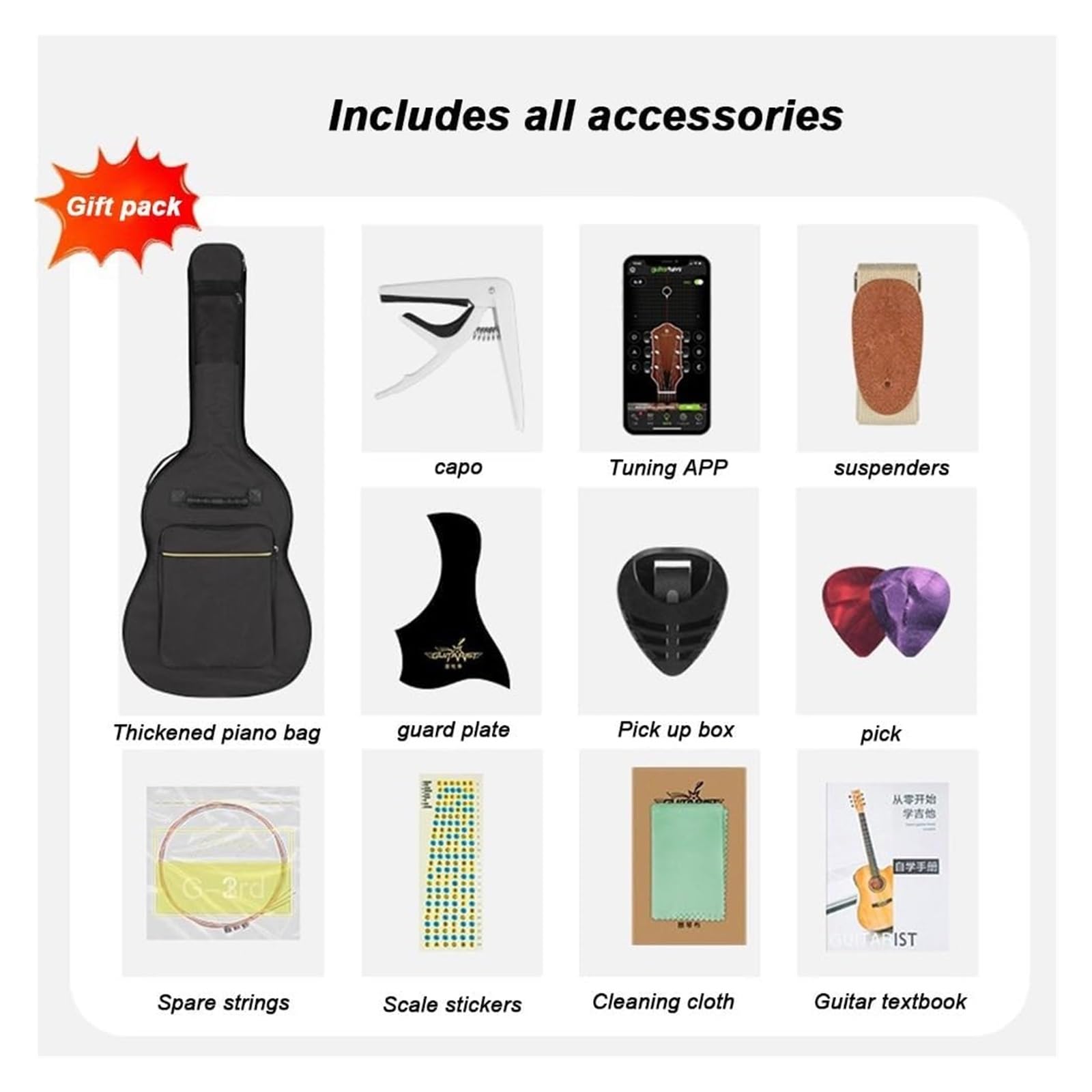 40-Zoll-Einsteiger-Akustik-Klassikgitarre, Cutaway-Akustikgitarren-Starterset For Erwachsene Mit Gepolsterter Gigbag, Gurt, Kapodaster, Saiten, Plektren(Natural)
