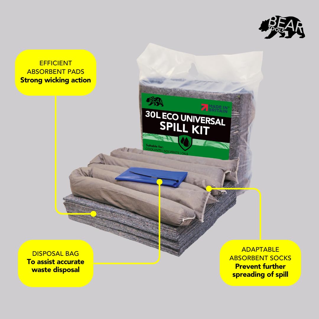 BearTOOLS Kit de control de derrames ecológico de 30 litros, respetuoso con el medio ambiente, 85 % fibras naturales recicladas, reduce la huella de carbono, solución absorbente sostenible, aceites,