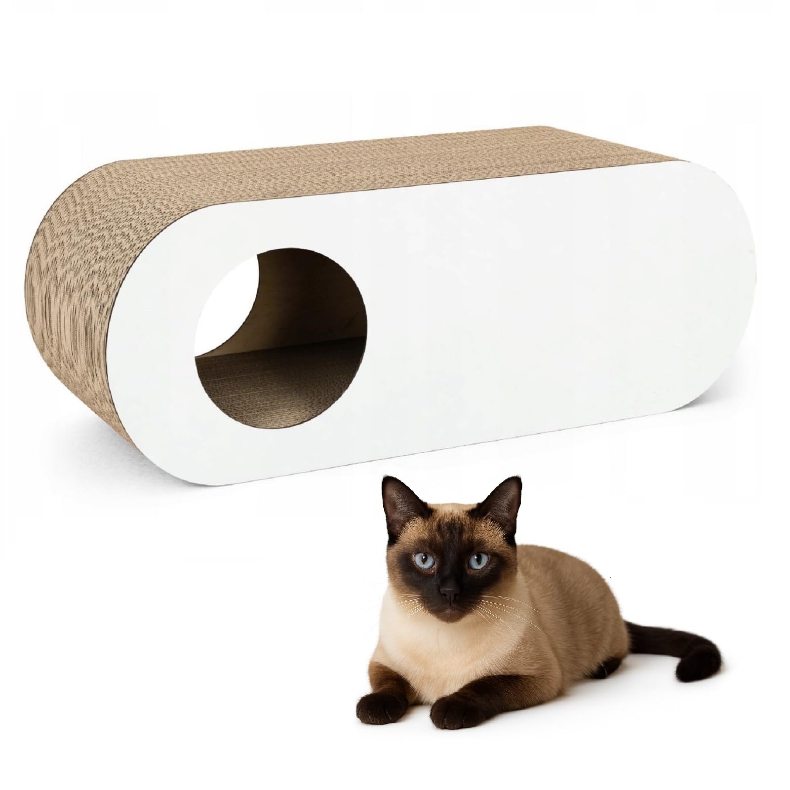 QLS Katzenmöbel aus Wellpappe & HDF – 75 × 27 × 29 cm (3-in-1: Kratzbrett, Höhle, Liegeplatz) – inkl. Katzenspielzeug & Katzenminze (Weiß)