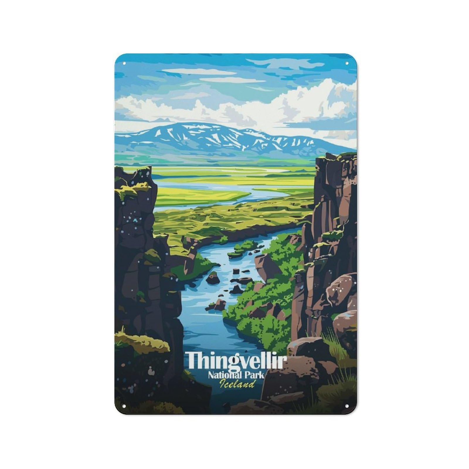 Junmoney Thingvellir National Park Iceland Illustratio N Metal Wall Sign 30X20cm, Rustic Classic Pub Decor For Cafe, Pub, Workshop Or Home Bar