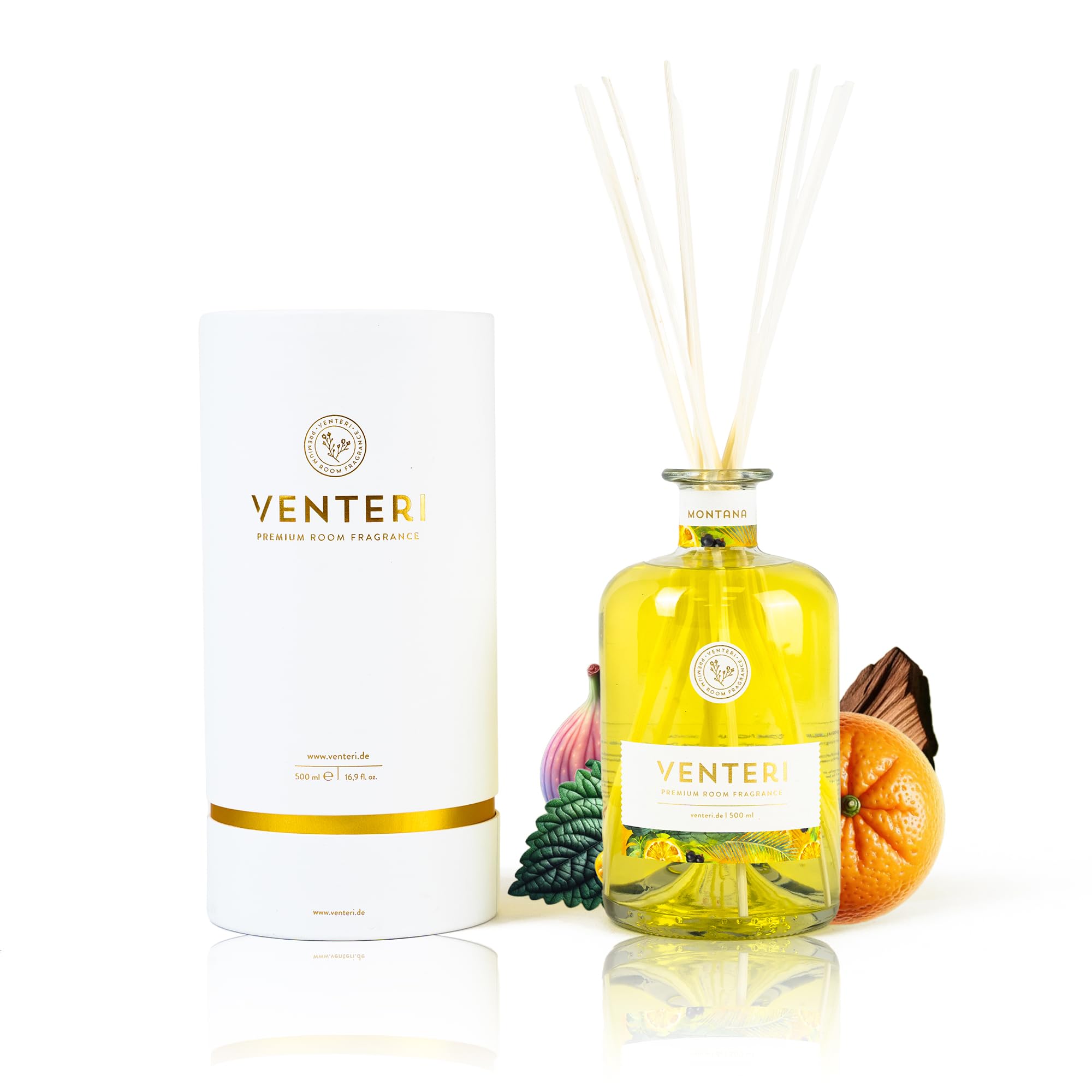 Venteri Montana Diffuseur de parfum d'ambiance 500 ml, avec 8 bâtonnets parfumés et élégant désodorisant, parfum d'ambiance et parfum de bain, agrumes naturels et notes de bois pour le désodorisant à