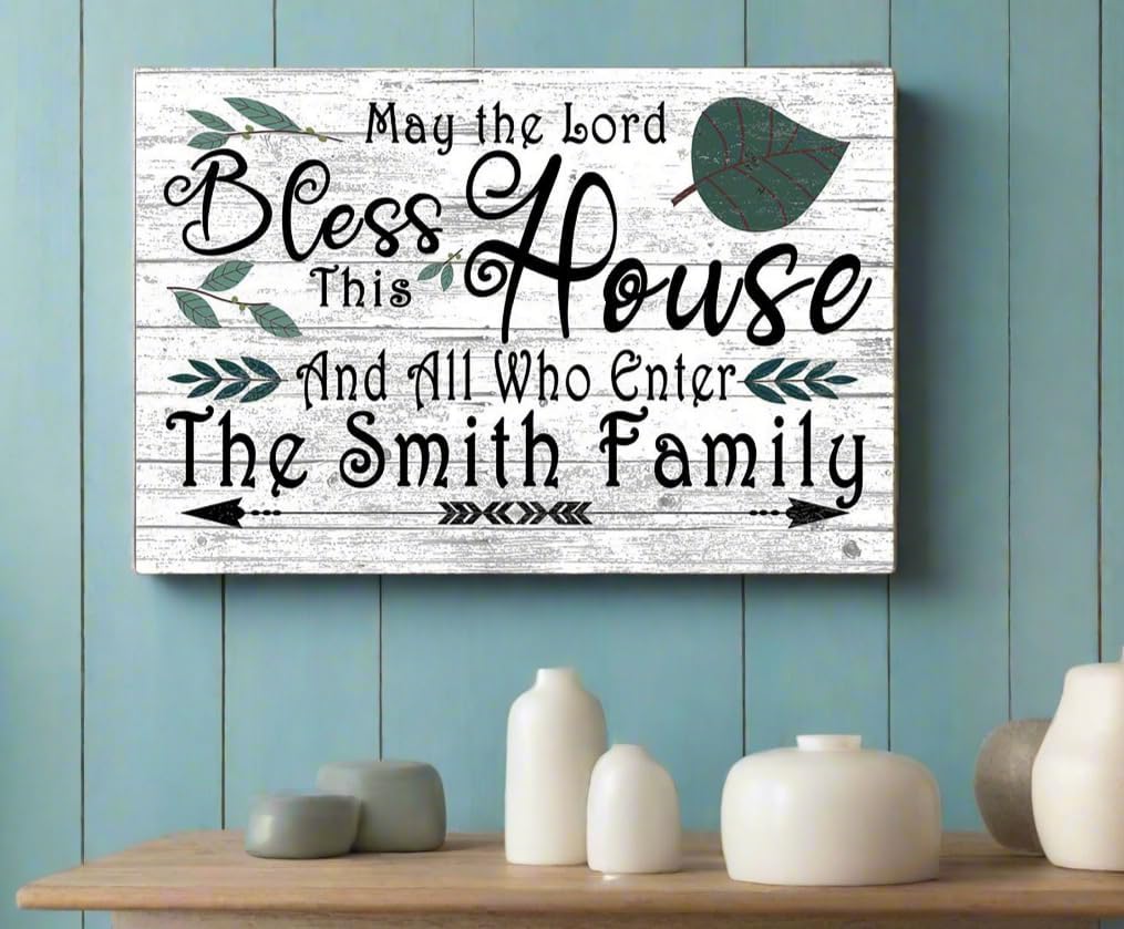 May The Lord Bless This House and All Who Enter Sign Personalized Family Name Home Decor CUSTOM Farmhouse-Style Houswarming Wedding Gift Wall Art SOLID WOOD 16.5in x 10.5in