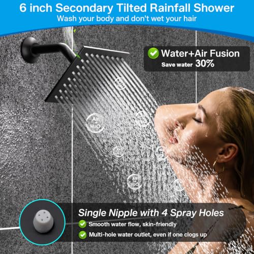 ENGA Dual Rain Shower Head System, 2 In 1 Functions Ceiling Mount 14x20inch LED Shower Head with 6 Inch Shower Head, Rainfall Waterfall Shower Faucet Set, Matte Black by Enga - Used condition - Image 5