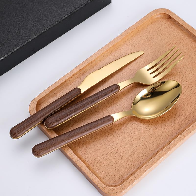 Este Juego de Cubiertos, 5/20/30/40 Piezas, Cuchillo, Tenedor y Cuchara de Acero Inoxidable con Mango de Madera, Estilo Retro, Incluye Cuchara para café, Postre y Tenedor para Fruta, Color p