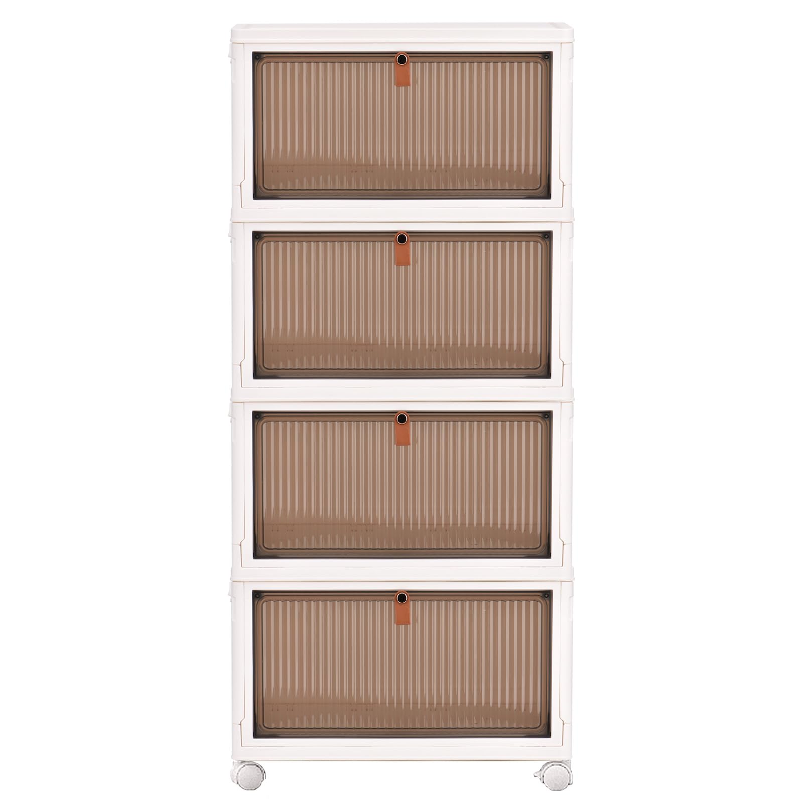 4-Layers Dustproof Storage Box Shelf Plastic Bedside Table on Wheels, White Cupboard Clothes/Shoes Storage Books/Toys/Snack Organizer Cart for Living Room/Bedroom/Hallway/Office