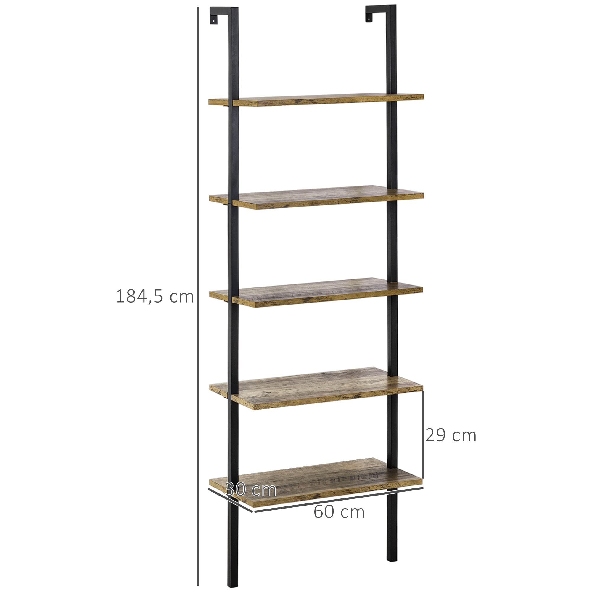 HOMCOM Bibliothèque échelle 5 étagères industrielle 60x30x184,5 cm Marron