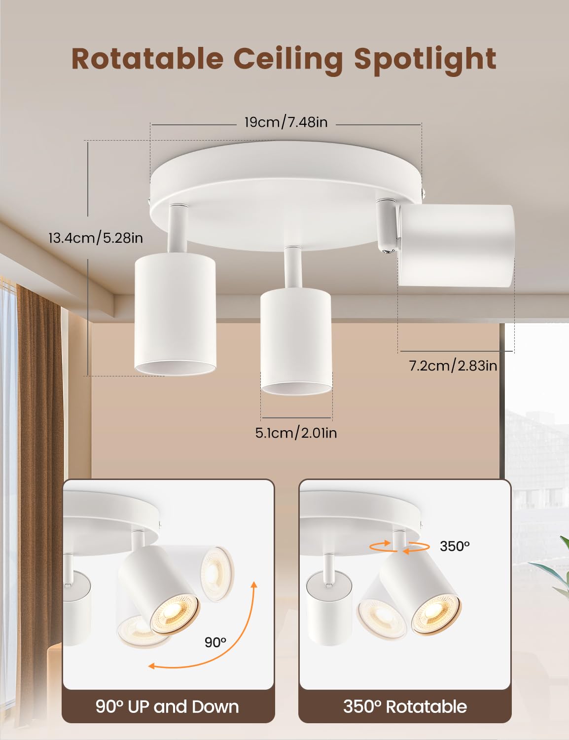 Spotlights Ceiling Lights 3 Way White, GU10 LED Spotlight Rotatable Round, Modern Metal Ceiling Spot Light Fitting - Image 2