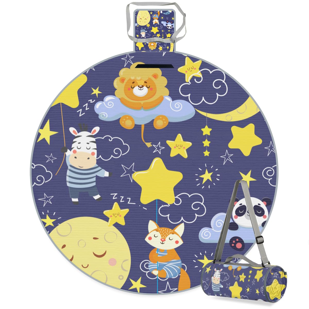 Shimoshe Cartoon Animals Stars Moon Picnic Outdoor Blanket Foldable Waterproof Sandproof Beach Blanket Portable Water-Resistant Round Picnic Mat for Travel Camping Park Lawn