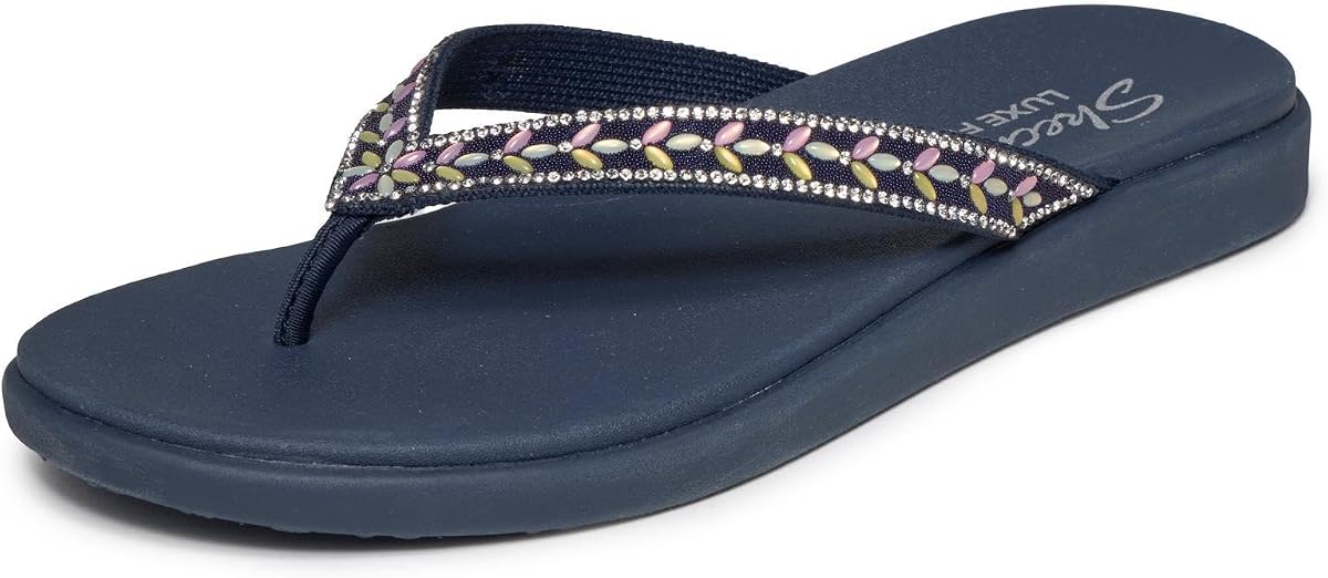 Skechers Meditation Luxe Classic Romance Tanga para mujer | Plantilla acolchada de espuma de lujo, soporte cómodo para el arco, materiales veganos, adornos florales de diamantes de imitación, sandalia tipo chanclas Jewel