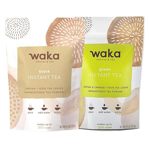 Waka - Mezcla de té instantánea, paquete de 2 bolsas, 100% hojas, sin aditivos, polvos sin azúcar, negro clásico, verde keniano (4.5 onzas cada uno)