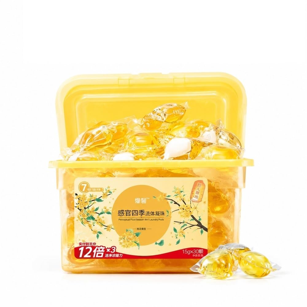 Wäschepads 15 G, 12-fache Fleckenkraft, Geruchskontrolle, 30 Stück | 15 G Wäschepads, 60 % Tenside, 7 Enzyme, 1 Pod Reinigt 14–16 Wäschestücke(Mist Osmanthus Rain)