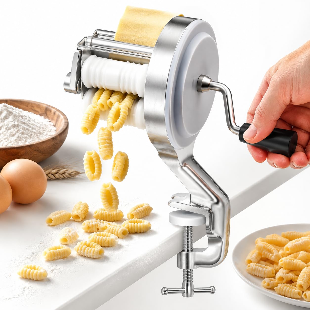 Macchina per Cavatelli, macchina manuale per gnocchetti con manovella e rulli, macchina per pasta da cucina in lega di alluminio fissabile per gnocchetti e conchiglie, argento