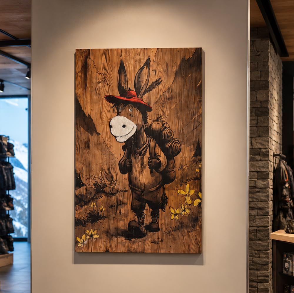 SUN WOOD Holzbild Esel – Wandbild aus Fichtenholz im Altholz-Landhausstil mit fühlbarem Materialmix – 62x100 cm