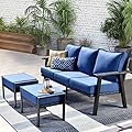 HOOOWOOO Outdoor Patio Seating Furniture Set with 3-Seat Modern Outdoor Wicker Bistro Set Sofa Ottoman Outdoor Couch for All Weather,Blue Cushions