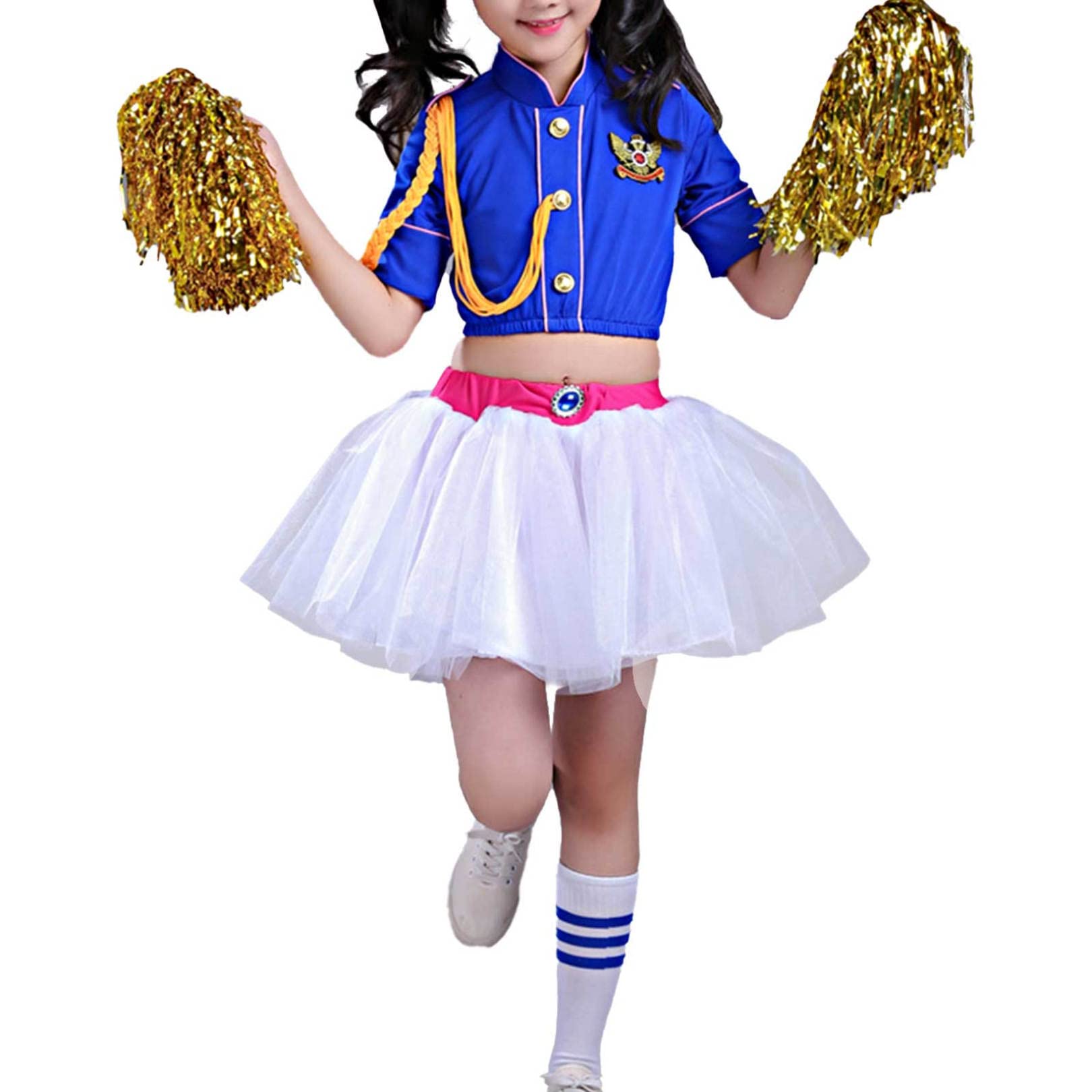 easyforever Girls 2PCS Short Sleeves Tassel Crop Top with Mesh Tutu Skirt for Modern Jazz Ballet Dance Stage Performance Blue 3-4 Years