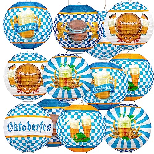 Image of Panelee 12 Pcs Oktoberfest Paper Lanterns Oktoberfest Party Decorations 8 Inch Beer Hanging Round Paper Lanterns for Indoor Outdoor Party Decorations Supplies