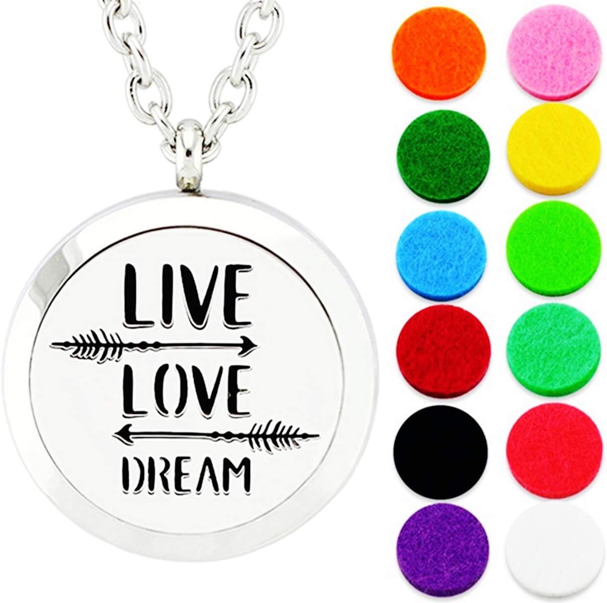 Aromatherapy Essential Oil Diffuser Necklace-Stainless Steel Locket Pendant with 12 Refill Pads (Live Love Dream)