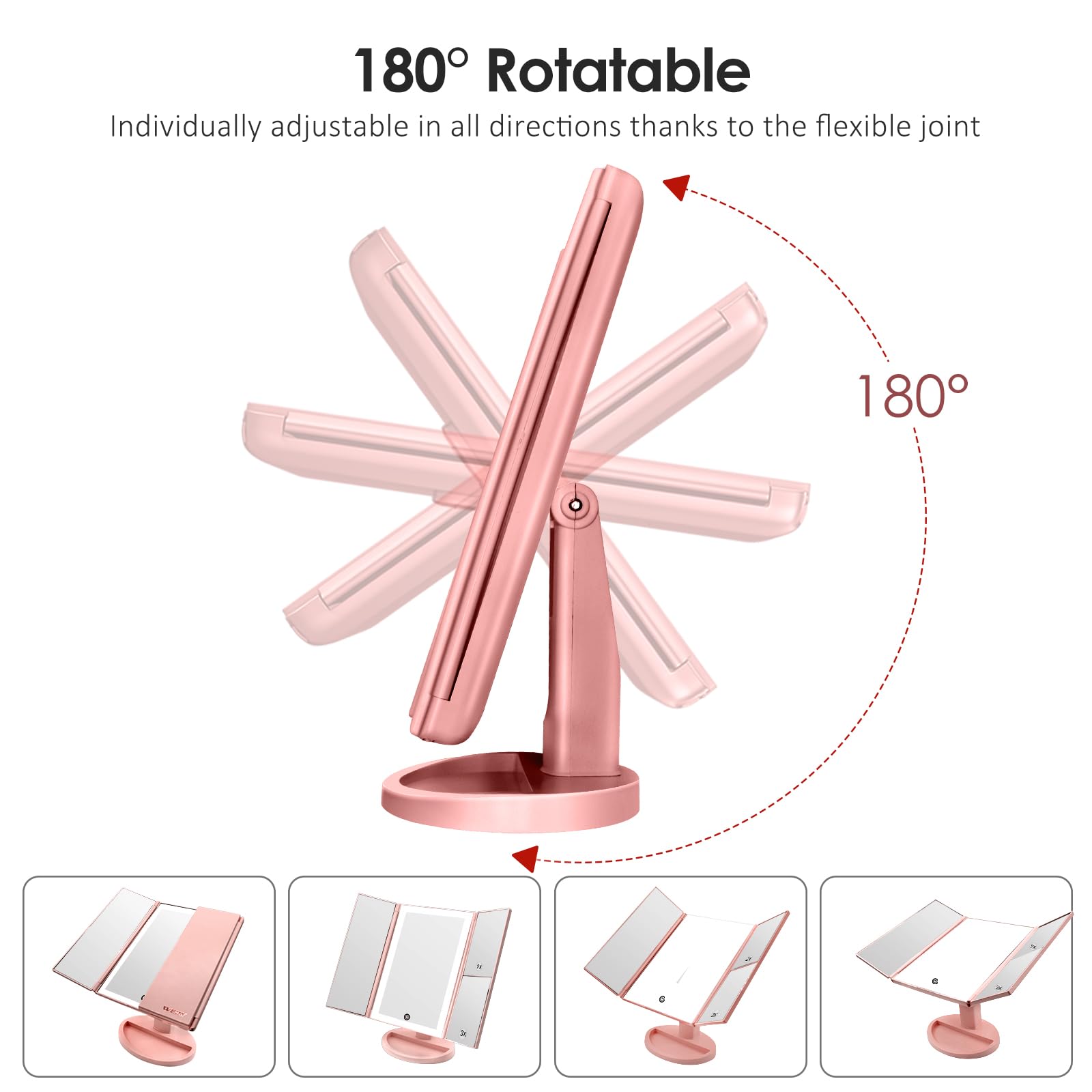 WEILY Miroir Maquillage Grossissant Lumineux 1X/2X/3X, LED Pliable avec Écran Tactile, Réglable à 180 Degrés, Support USB et Batterie (Or Rose)