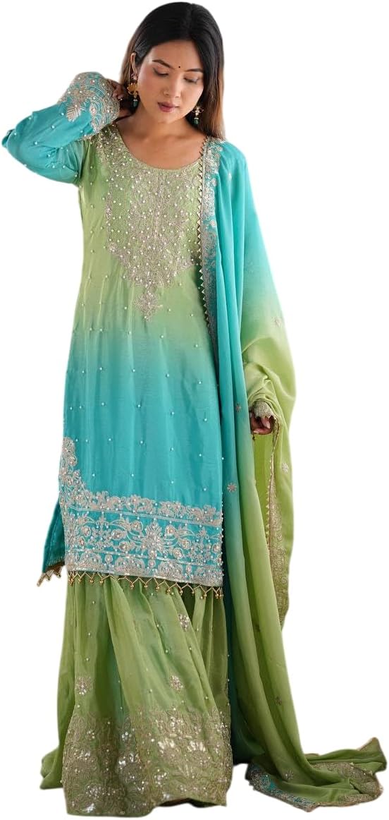 Women's Chinon Silk Sequence With Rivet Moti Work Straight Kurta With Sharara and Dupatta Set