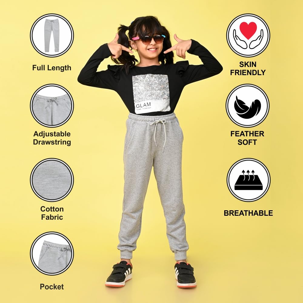 Nusyl Girl's Solid Grey Cotton Blend Lounge Wear Straight Fit Trackpants with Side Pockets | Girl's Ankle Length Regular Fit Winter Jogger Track Pants - Image 5 thumbnail