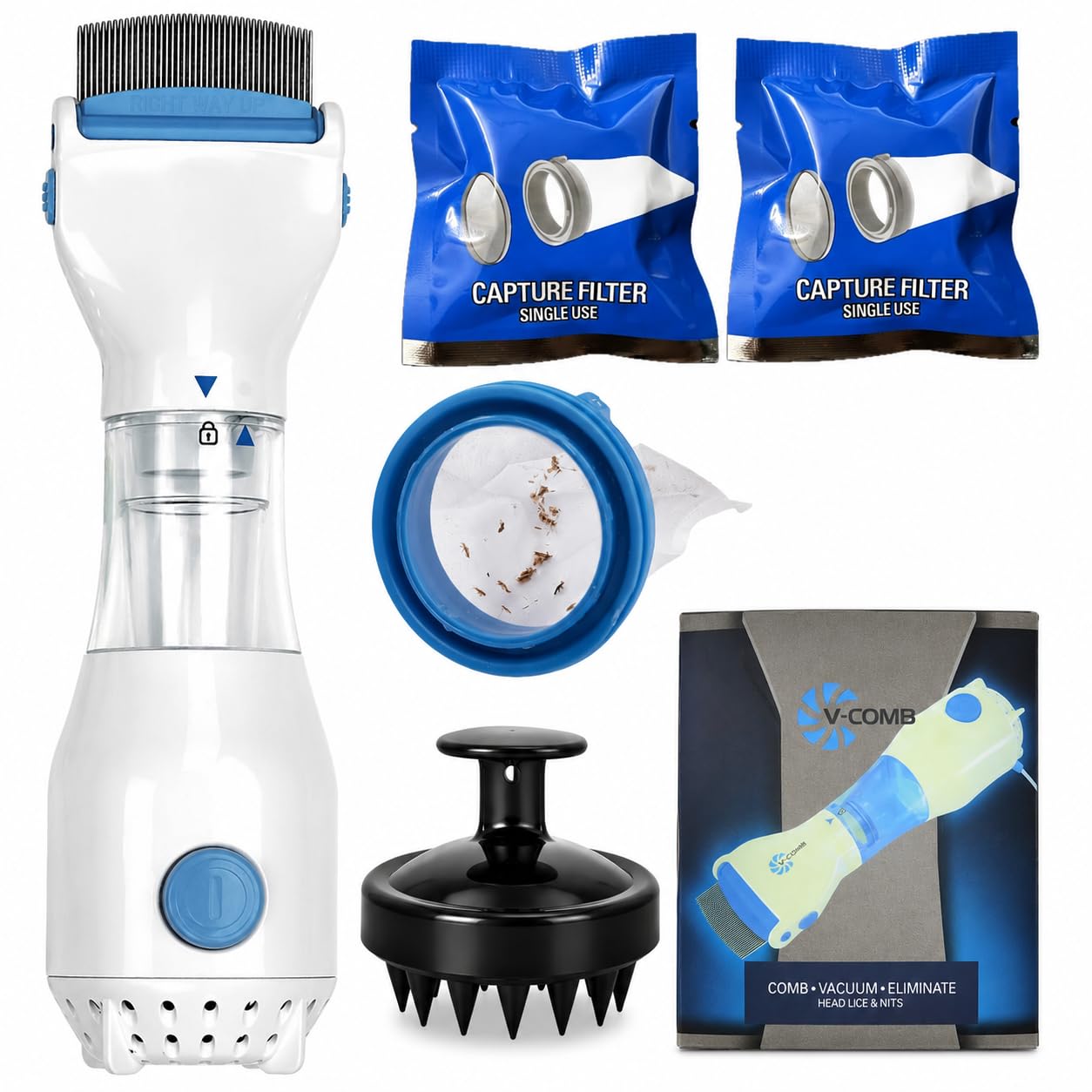 Electric Head Lice Comb with Vacuum Suction | Chemical-Free Lice & Nit Removal Tool | Reusable Stainless Steel Teeth | Includes 2 Capture Filters & Scalp Massager | Suitable for Kids & Adults | White-picture-34