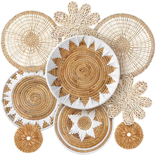 Image of Xuhal Set of 8 Hanging Woven Wall Basket Handmade Decorative Rustic Boho Basket Decor Handcrafted Wicker Round Seagrass Wall Art for Home Kitchen Farmhouse Table Living Room
