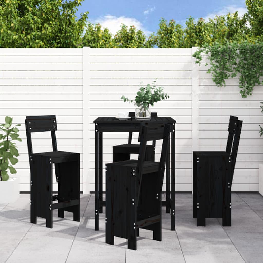 Juego de barra de jardín de madera de pino maciza, 5 piezas, color negro, para terraza, balcón, exterior, taburete de bar y mesa de bar con mesa estable, cómodos taburetes de bar, diseño