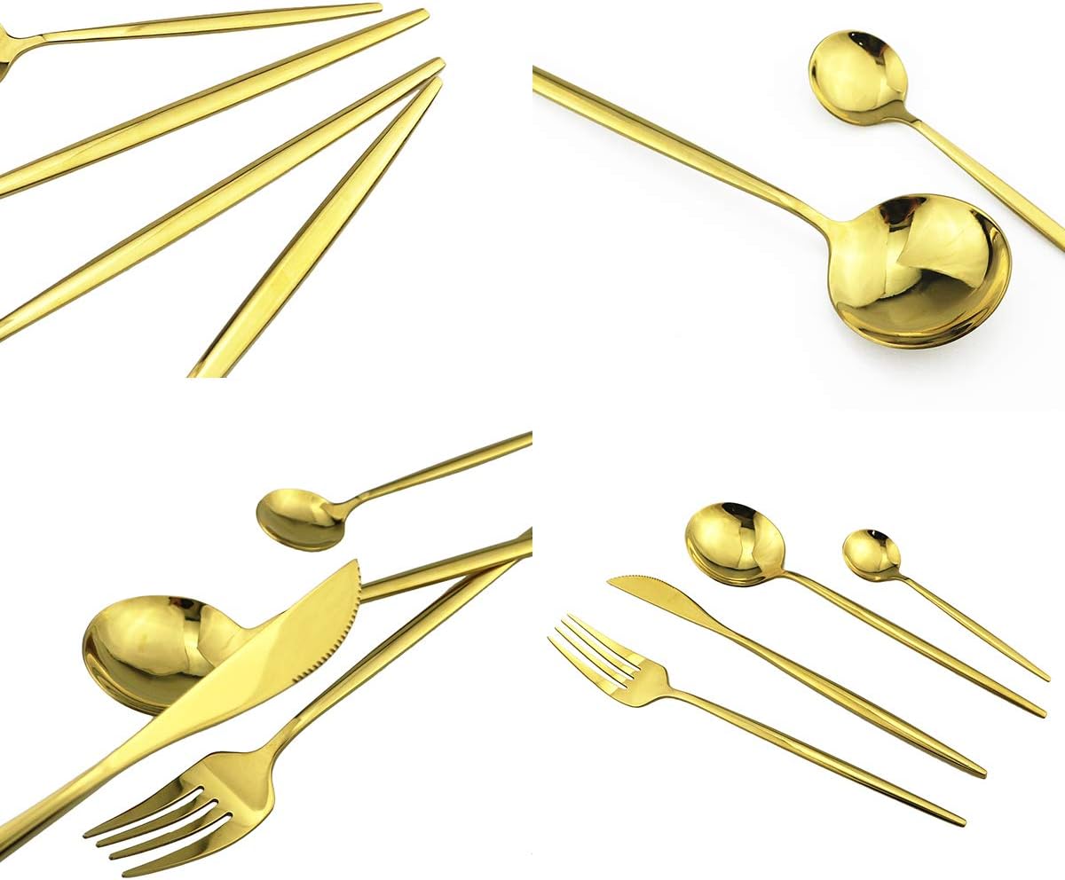 24 Pcs Dinnerware Set 18/0 Stainless Steel, Golden Flatware Set for 6 Person, Home Kitchen Silverware Cutlery Tableware Anti-rust Utensil Set, Steak Knife Set (Gold)