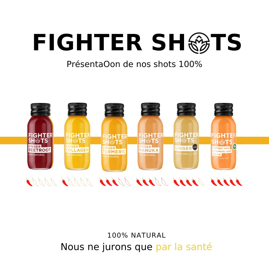 Fighter Shots Gingembre + Curcuma (12x60ml) | 100% Naturel | Parfait pour Vous Donner un Coup de Boost | Sans Conservateurs | Shots de Curcuma Frais et Savoureux